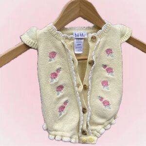 Nicole Miller Knit Sweater Romper Yellow Cream Pink Floral Embroidery